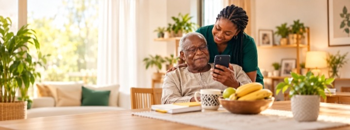 Daughter showing her father a care update on her phone at home