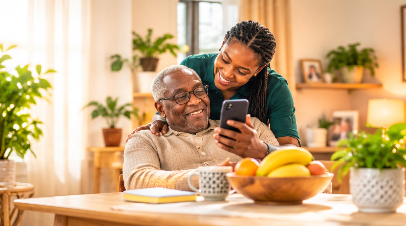 Daughter showing her father a care update on her phone at the breakfast table